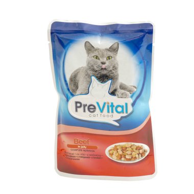 Prevital sığır jeli, torbalar içinde kedi maması.
