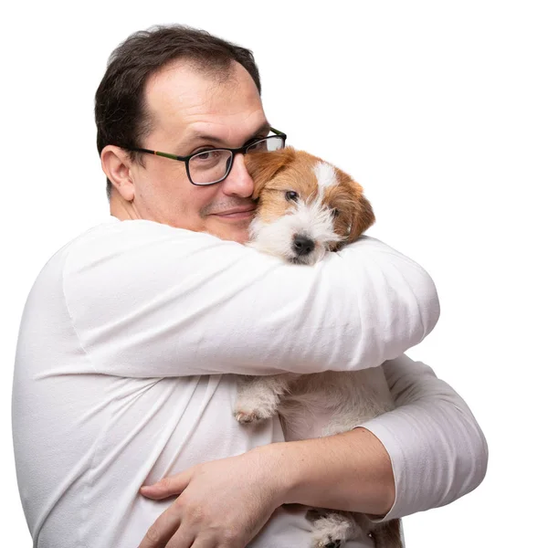 Volwassen Mens Liefde Met Zijn Met Puppy Van Terriër — Stockfoto