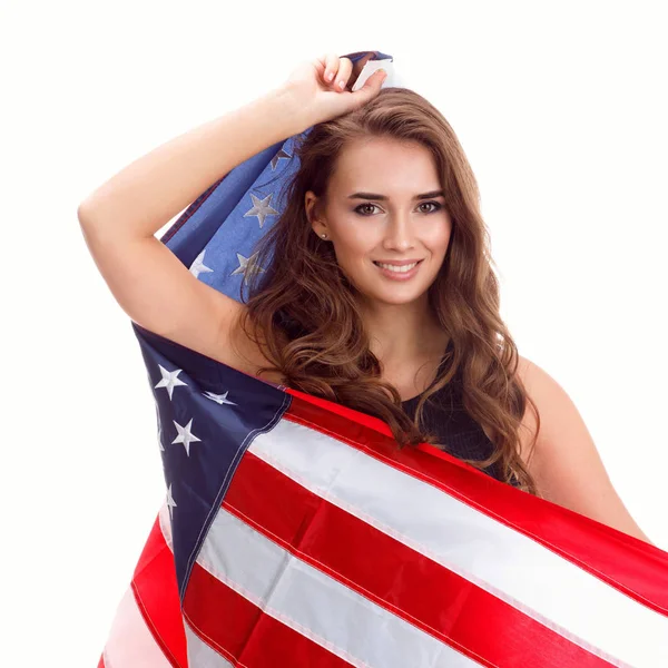 Happy young woman holding USA flag. Image isolated — Stock Photo, Image
