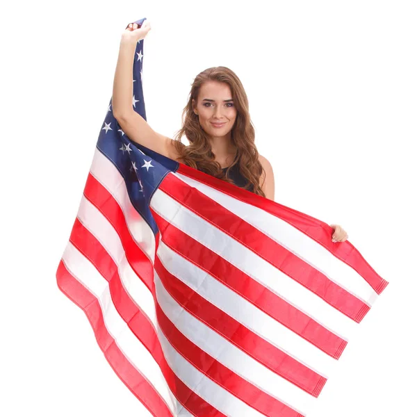 Happy young woman holding USA flag. Image isolated — Stock Photo, Image