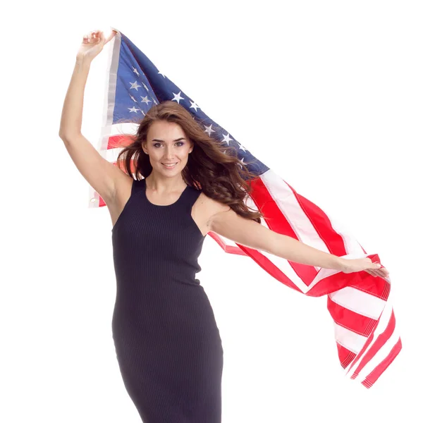 Jovencita feliz sosteniendo la bandera de EE.UU. Imagen aislada — Foto de Stock