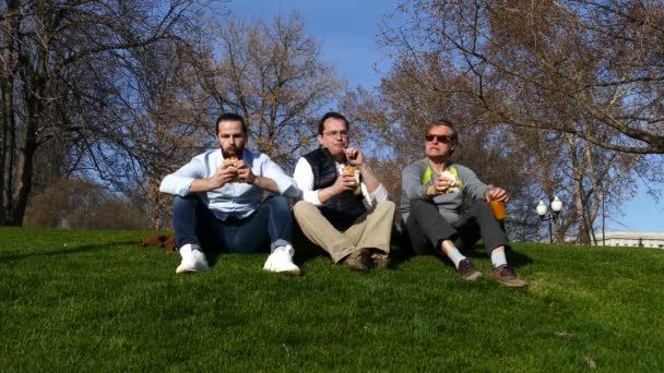 Позитивная компания ест свежие бутерброды, сидя на траве на фоне голубого неба — стоковое видео