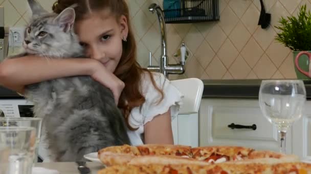 Cute Little Kid Girl with her cat — Stock Video