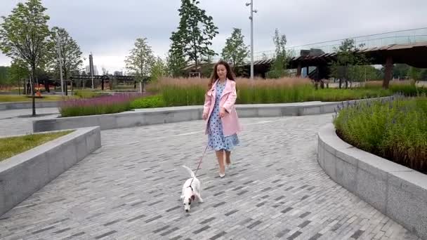 Γυναίκα μαζί με το σκυλί στο πάρκο — Αρχείο Βίντεο