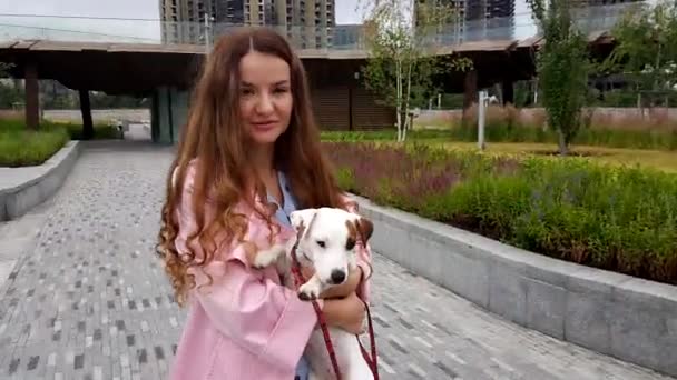 Vrouw samen met hond in het park — Stockvideo