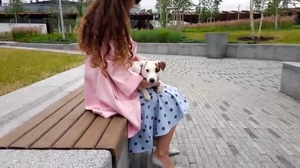 Kvinna tillsammans med hund i parken — Stockvideo