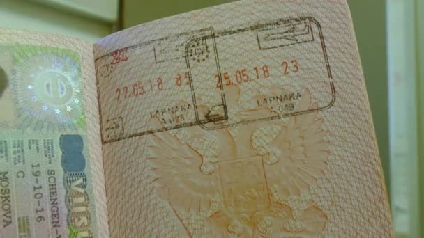 Sellos de visado en pasaporte ruso — Vídeos de Stock