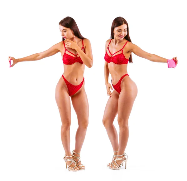 Dame macht Selfie mit ihrem Hintern in roten Dessous — Stockfoto