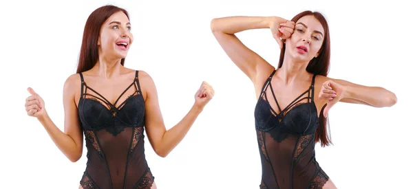 Vrolijk meisje in Lacy lingerie duim omhoog en omlaag. — Stockfoto