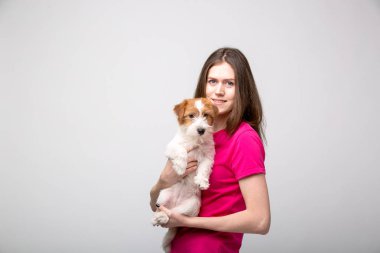 Terrier köpek yavrusu ile güzel kız. Stüdyo görüntüsü