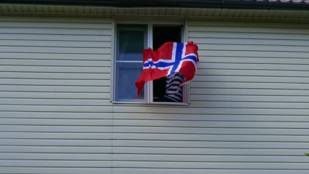 Jeunes agitant un drapeau dans une fenêtre à la maison — Video