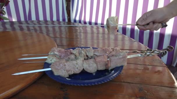 Picnic în natură. Pregătiți carnea brută pentru bbq — Videoclip de stoc