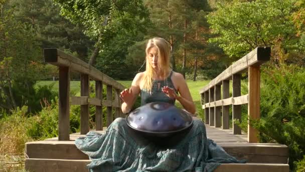 Woman Is Playing On The Steel hang Drum. Close-Up. — Stock Video