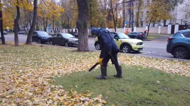 Trabajador con soplador de hojas en la calle — Vídeo de stock
