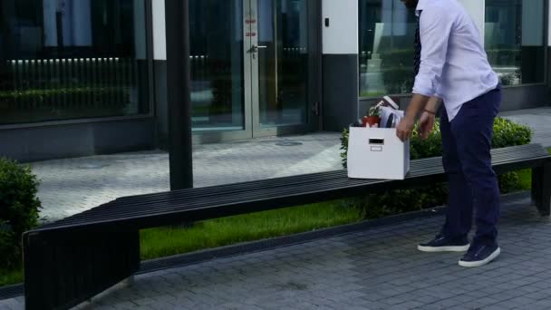 Fired Businessman Holding Box Of His Things — Stock Video