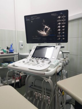 Veteriner kliniğinde köpek kalbi ultrason makinesinde.