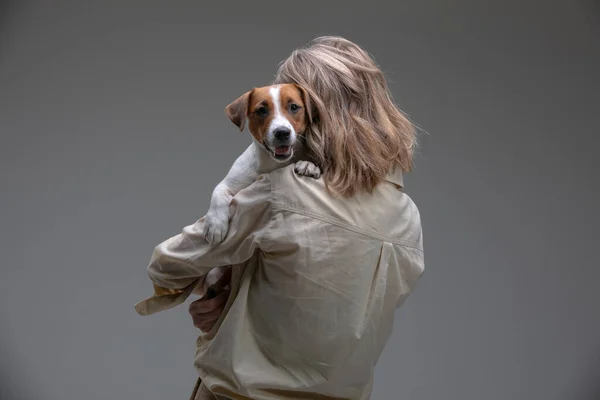 Csinos Tartja Jack Russell Terrier Kiskutya Vállán — Stock Fotó