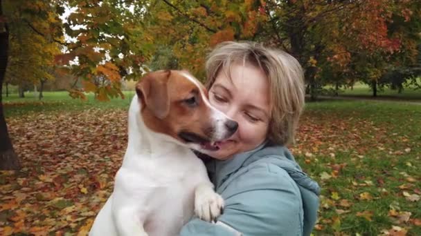 Kobieta trzymać piękny terrier szczeniak — Wideo stockowe