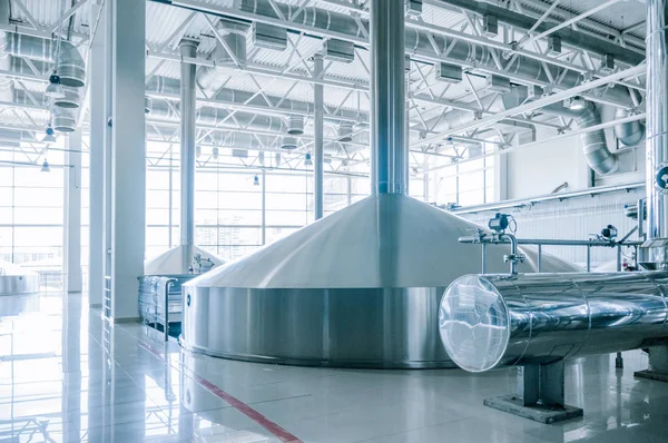 Modern interior of a brewery mash vats metal containers — Stock Photo, Image