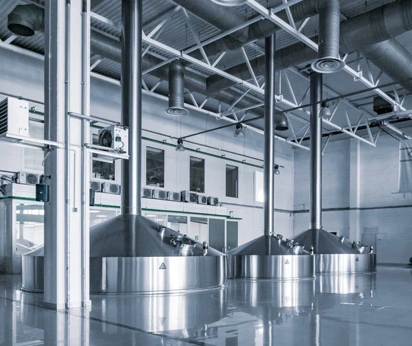 Modern interior of a brewery mash vats metal containers — Stock Photo, Image