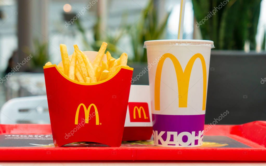 Moscow, Russia, March 15 2018: McDonalds Big Mac hamburger menu, French Fries and Coca Cola.