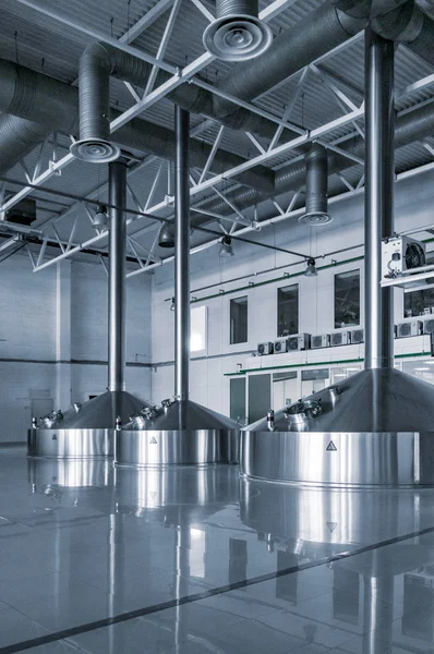 Modern interior of a brewery mash vats metal containers — Stock Photo, Image