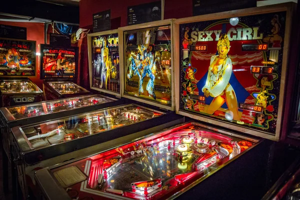 Budapest, Hungary - March 25, 2018: Pinball museum. Pinball table close up view of vintage machine — Stock Photo, Image