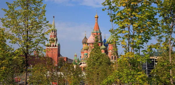 Зеленые деревья и трава на фоне Московского Кремля и Красной площади в парке Зарядье — стоковое фото