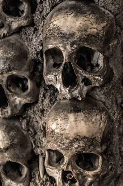 Crânes et os humains à un mur dans la chapelle des os Evora — Photo