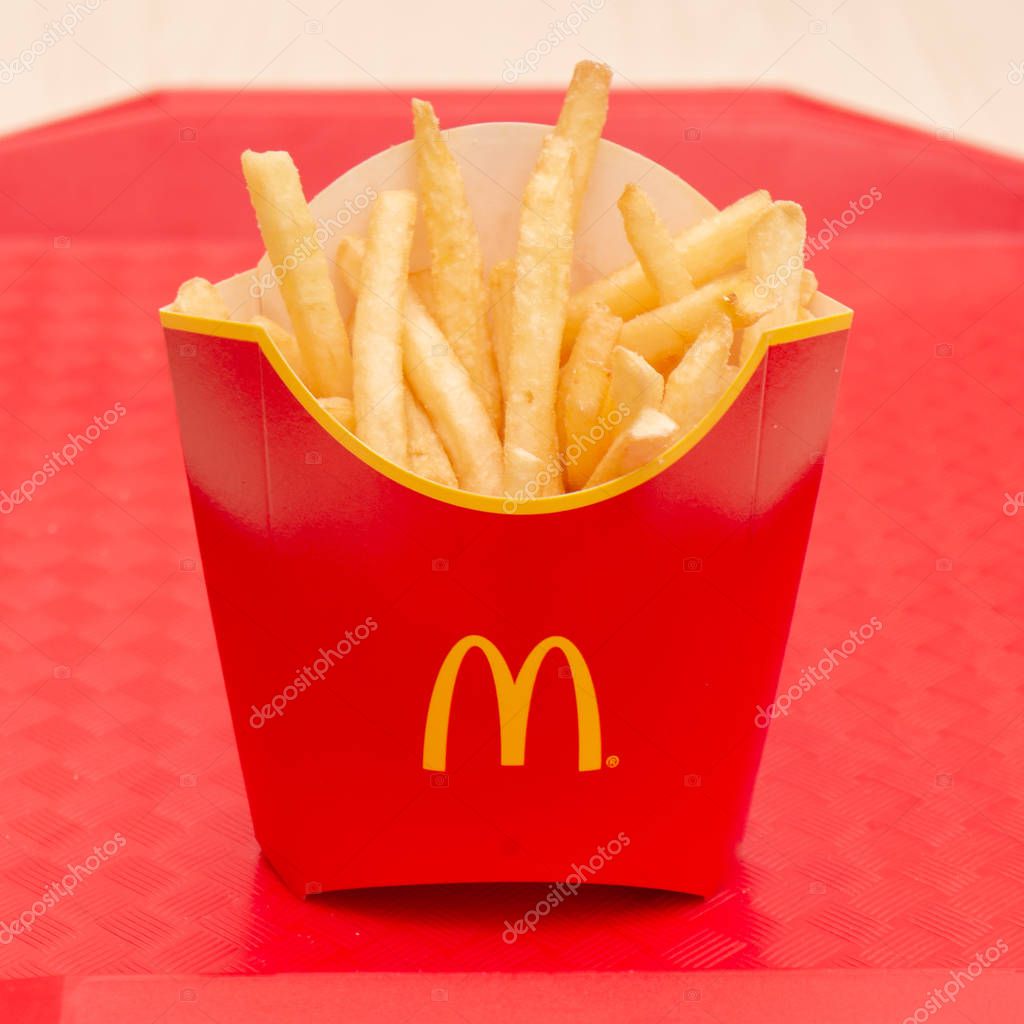 Moscow, Russia, March 15 2018: McDonalds Big Mac hamburger menu, French Fries and Coca Cola.