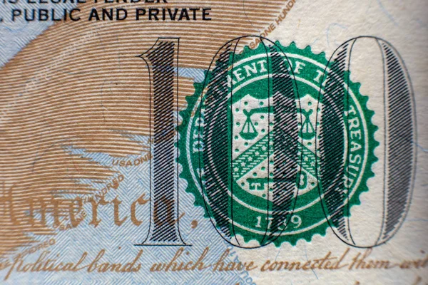 Zbliżenie na stu dolarowy banknot. Zobacz makra na sto Dolar banknotów — Zdjęcie stockowe