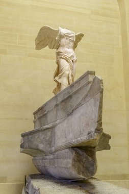Paris, France, March 28 2017: Close up of the Victory of Samothrace - Nike of Samothrace: marble sculpture of the Greek goddess of Victory, resembling a winged woman, exposed at Denon hall at Louvre clipart