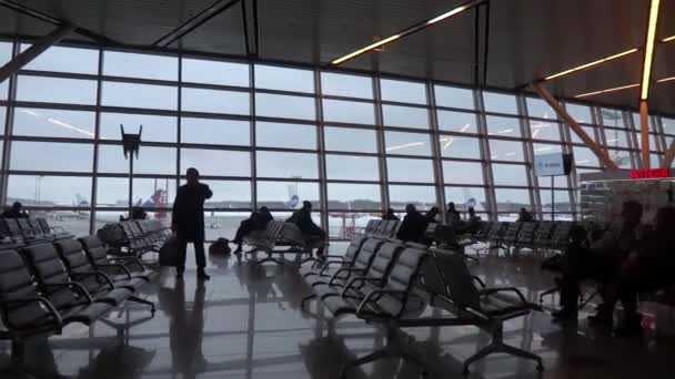 Moskva, Ryssland - februari 18,2019: flygplats terminal mot väggen glasfönster. Parkerade trafikflygplan sett utanför, molnig himmel. — Stockvideo