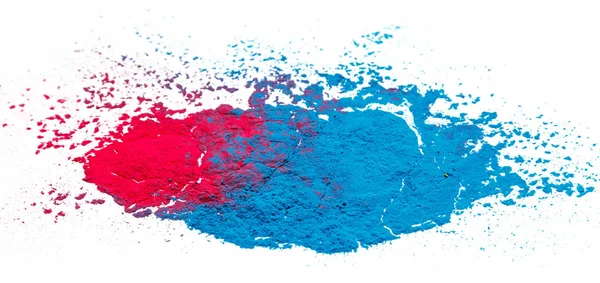 Abstraktní barevné pozadí Happy Holi. Barevný pulzující prášek izolovaný na bílé. Šplíchací textura v barvě prachu. — Stock fotografie