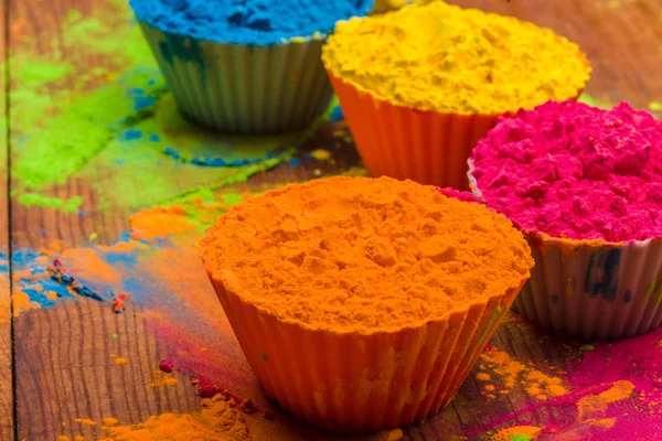 Holi color powder. Organic Gulal colours in bowl for Holi festival, Hindu tradition festive — Stock Photo, Image