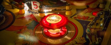 Budapest, Hungary - March 25, 2018: Pinball game museum. Pinball machine table close up view of retro vintage ball arcade clipart