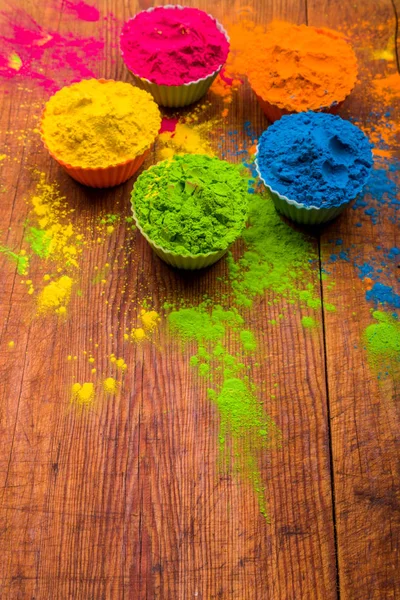 Holi color powder. Organic Gulal colours in bowl for Holi festival, Hindu tradition festive — Stock Photo, Image