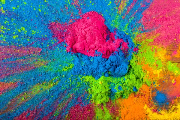 Abstract colorful Happy Holi background. Color vibrant powder on wood. Dust colored splash texture. Flat lay holi paint decoration — Stock Photo, Image