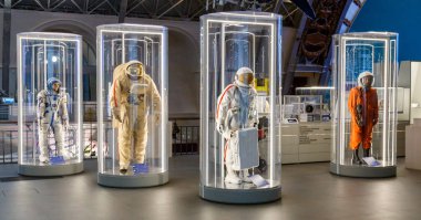 Moscow, Russia - November 28, 2018: Russian astronaut spacesuits in Moscow space museum that was specially developed for space vehicle missions clipart