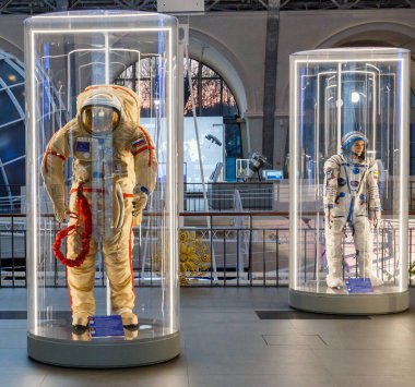 Moscow, Russia - November 28, 2018: Russian astronaut spacesuits in Moscow space museum that was specially developed for space vehicle missions clipart