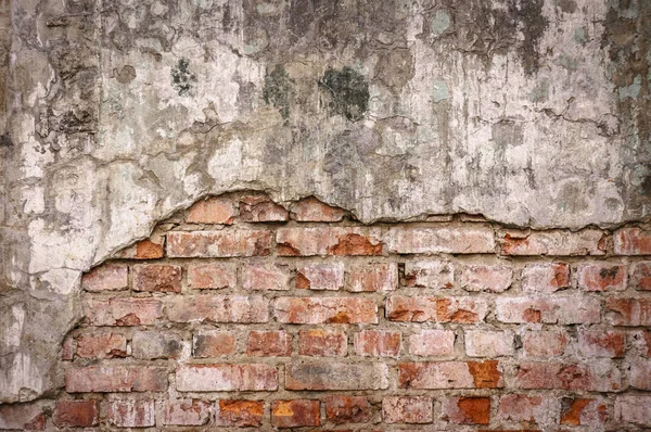 Empty Old Brick Wall Texture. Painted Distressed Wall Surface. Grungy Wide Brickwall. Grunge Red Stonewall Background. Shabby Building Facade With Damaged Plaster. Abstract Web Banner. Copy Space — Stock Photo, Image