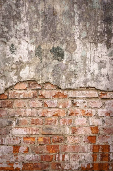 Empty Old Brick Wall Texture. Painted Distressed Wall Surface. Grungy Wide Brickwall. Grunge Red Stonewall Background. Shabby Building Facade With Damaged Plaster. Abstract Web Banner. Copy Space — Stock Photo, Image