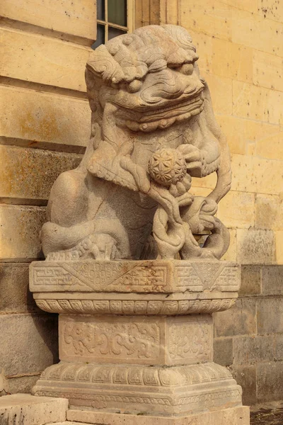 Львиное мраморное лицо, китайский лев, скульптура из камня, символ власти, китайский. Скульптура Каменного Льва. Скульптура китайского льва, кукла из античного камня — стоковое фото