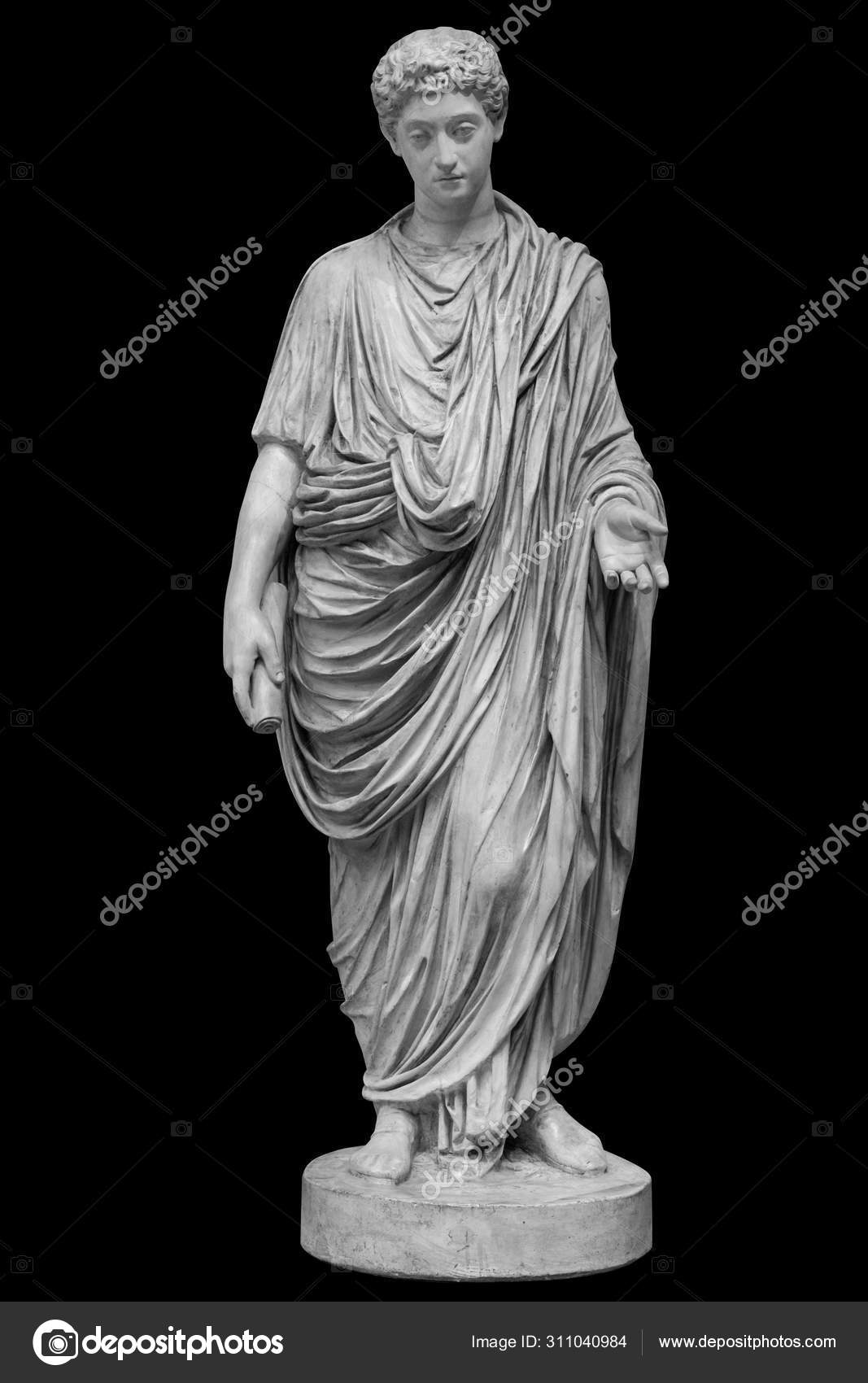 Young roman emperor Commodus statue isolated over black background. Lucius  Aurelius Commodus reign is commonly considered, image size:1067x1700
