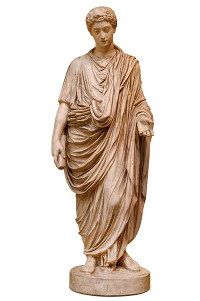 若いローマ皇帝コモドゥス像は、白い背景の上に孤立しました。ルキウス・アウレリウス・コモドゥスの治世は、一般的にローマ帝国の歴史の中で黄金時代の終わりをマークすると考えられています — ストック写真