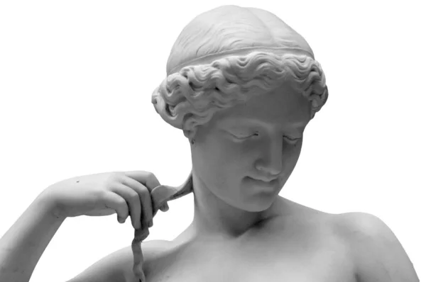 Vit marmor skulptur huvud ung kvinna. Staty av sensuell renässans konst era naken kvinna i cirkel antik stil isolerad på vit bakgrund — Stockfoto