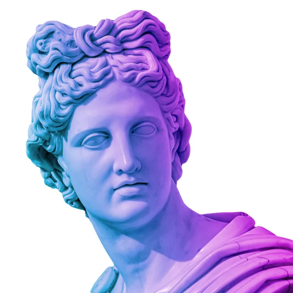 Staty av Apollo, solens Gud. Kreativt koncept färgglada neon bild med antika grekiska skulptur Apollo Belvedere huvud. Webpunk, vaporwave och surrealistisk konststil — Stockfoto