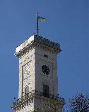 Sarı-mavi bayrak Ukrayna bina cephesinde. Lviv, Ukrayna