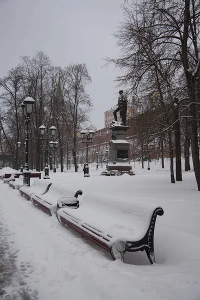 Tomma Trä Bänkarna Snön Alexanderträdgården Moskva — Stockfoto