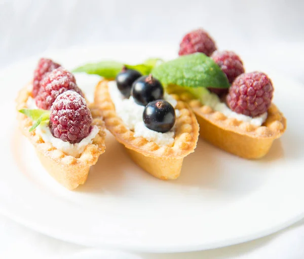 Delicious Tartlets Fresh Berries Whipped Cream — Stock Photo, Image